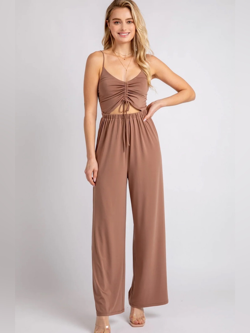 Love Tree Ruched Drawstring Wide-Leg Jumpsuit in Brown